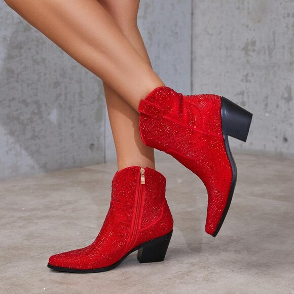Women Red-ankle Rhinestone Mid Calf Pointed Toe Pull-On Sparkly Block Heel Boots - Picture 3 of 6